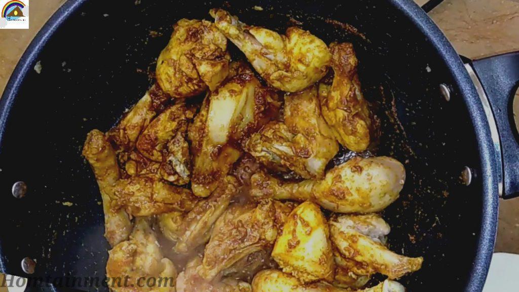 Roasting of chicken in spices for chicken Karahi 
