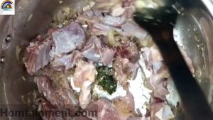 Addition of mutton chopped green coriander chillie in mutton yakhni pulao