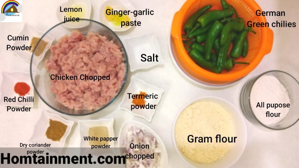 Ingredients of chicken stuffed green chillies pakora 